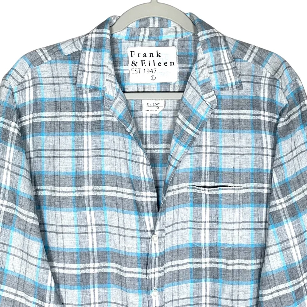 Frank & Eileen Relaxed Fit Eileen Button-Up Shirt Blue White Linen Top Large L - Picture 2 of 7